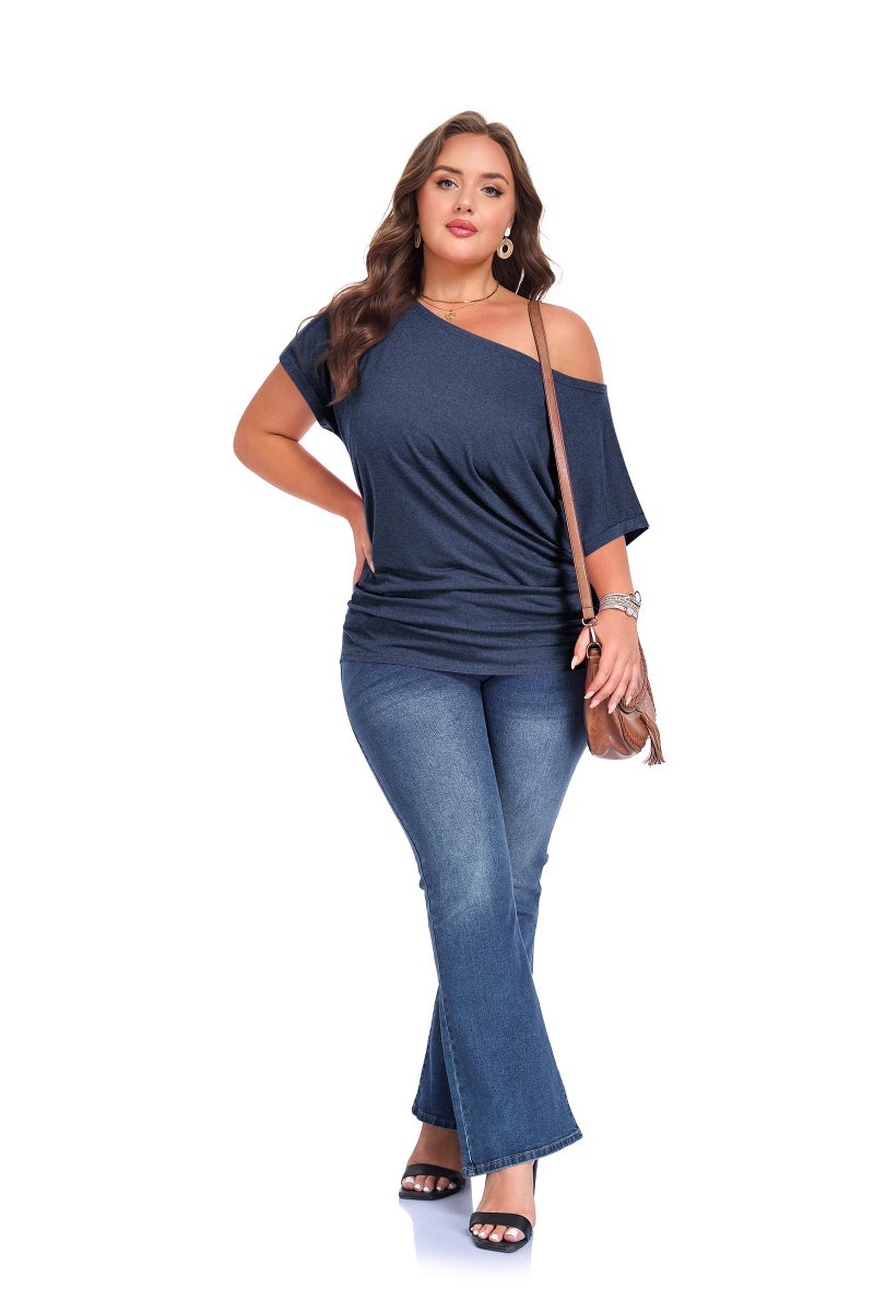 Poetsky Women's Short Sleeve Boat Neck Shirts Loose Casual Tee T-Shirt, Dark Blue, XXL - Image 5